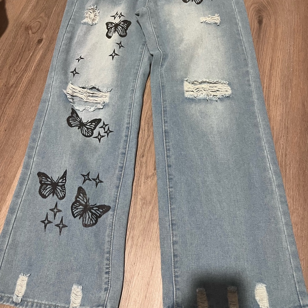 SHEIN Blue Flare Jeans with Butterfly Accents